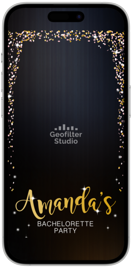 A digital filter for Snapchat and TikTok for smartphones displaying confetti with personalized text 'Amanda's Bachelorette Party'.