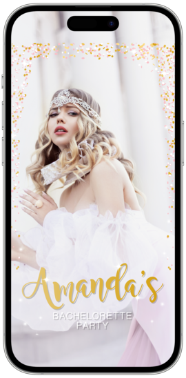 A digital filter for Snapchat and TikTok for smartphones displaying confetti with personalized text 'Amanda's Bachelorette Party'.