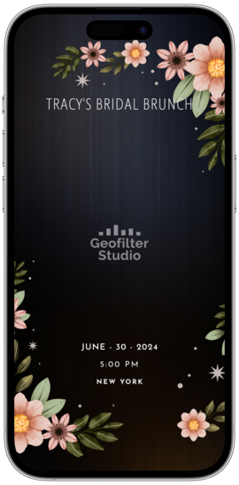 A smartphone screen displaying a bridal shower filter for Snapchat and TikTok with a floral design and text indicating the event details.