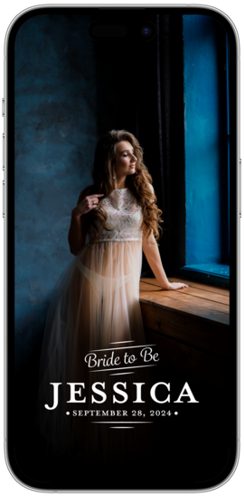 A mobile phone filter for Snapchat and TikTok with the text 'Bride to be' and a silhouette of a cityscape, indicating it's for a bridal shower event.