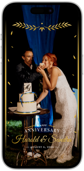 An elegant anniversary celebration Snapchat and TikTok filter template with gold and white text, with a gold border.