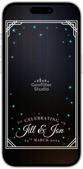 A snapchat and tiktok wedding filter for couples, displaying a black screen with white text and decorative elements, indicating a celebration for 'Jill & Jon' on '21st March 2020'.