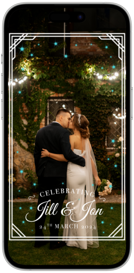 A snapchat and tiktok wedding filter for couples, displaying a black screen with white text and decorative elements, indicating a celebration for 'Jill & Jon' on '21st March 2020'.