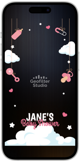 A digital Snapchat and TikTok filter interface for a baby shower with elements such as clouds, a baby bottle, and customizable text.