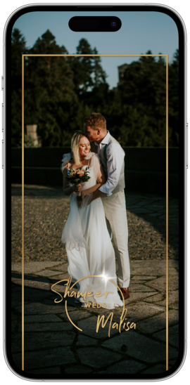 A Snapchat and TikTok event filter interface for a smartphone with a gold frame design intended for use in weddings.