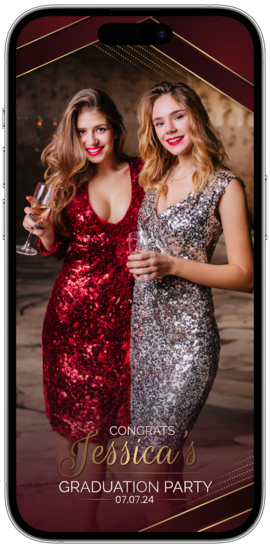 A digital image of a smartphone screen displaying a graduation-themed filter with the text 'CONGRATS JESSICA'S GRADUATION PARTY' and a date '07.24.