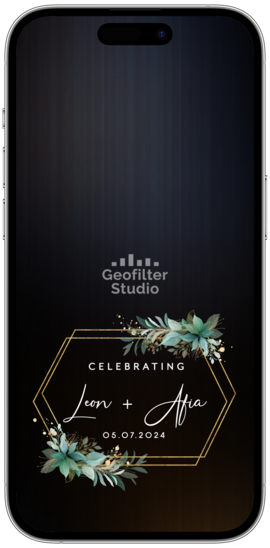 A digital wedding filter showcasing a phone screen with a black background, featuring a floral design and text indicating a celebration.