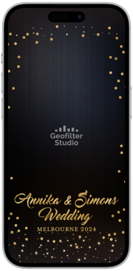 A digital wedding filter featuring text for a wedding with a glitter effect and decorative elements on a black background.