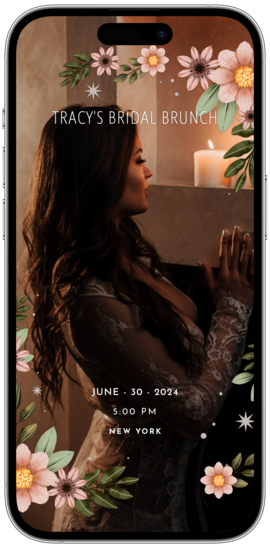 A smartphone screen displaying a bridal shower filter for Snapchat and TikTok with a floral design and text indicating the event details.