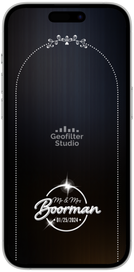 A smartphone with a black screen displaying a wedding Snapchat and TikTok filter interface, including a logo and decorative elements.