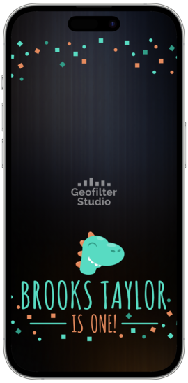 A digital birthday filter for children with a dinosaur theme, displaying the name Brooks Taylor on a smartphone screen.