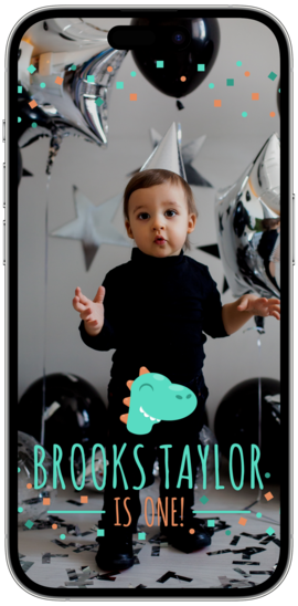 A digital birthday filter for children with a dinosaur theme, displaying the name Brooks Taylor on a smartphone screen.