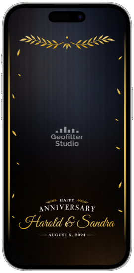 An elegant anniversary celebration Snapchat and TikTok filter template with gold and white text, with a gold border. 