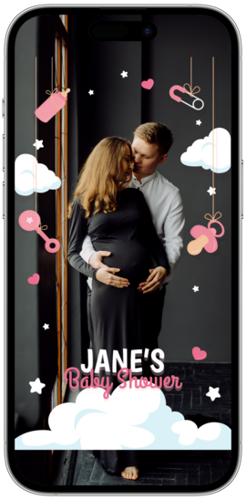 A digital Snapchat and TikTok filter interface for a baby shower with elements such as clouds, a baby bottle, and customizable text.