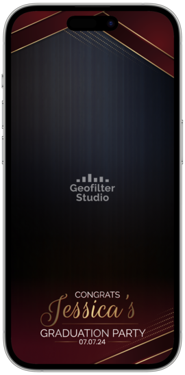 A digital image of a smartphone screen displaying a graduation-themed filter with the text 'CONGRATS JESSICA'S GRADUATION PARTY' and a date '07.24.