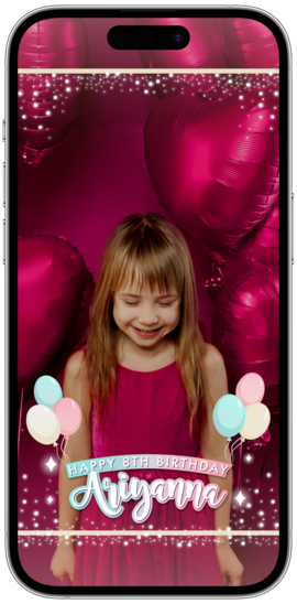 A digital birthday Snapchat & TikTok filter for smartphones displaying pastel colored balloons and sparkles with a customizable name.