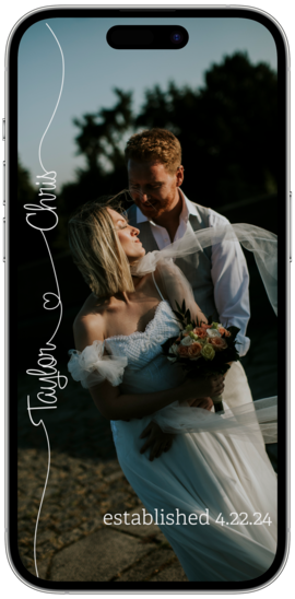 A digital wedding filter for Snapchat and Tiktok, predominantly black with white text and decorative elements, showing the names 'Taylor' and 'Chris' and the word 'established' with a date below.