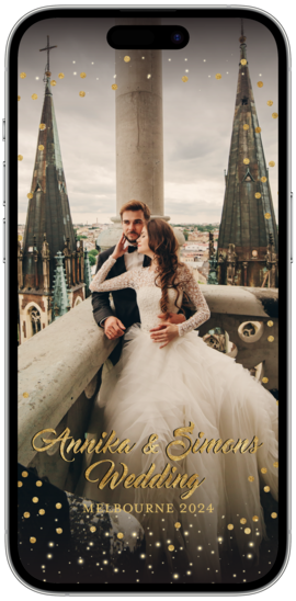 A digital wedding filter featuring text for a wedding with a glitter effect and decorative elements on a black background.